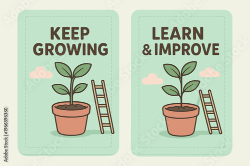 Keep Growing, Learn & Improve. Growth Mindset. Two vertical A6 banners with safe margins, centered composition, no elements touching edges, cartoon, pastel