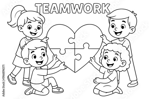 Heart Puzzle Teamwork. Teamwork puzzle children?s coloring book illustration, outlined drawing, cheerful kids each holding one puzzle piece and joining them to