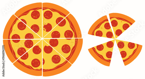 Sliced pepperoni pizza with a whole pizza and scattered slices white background food