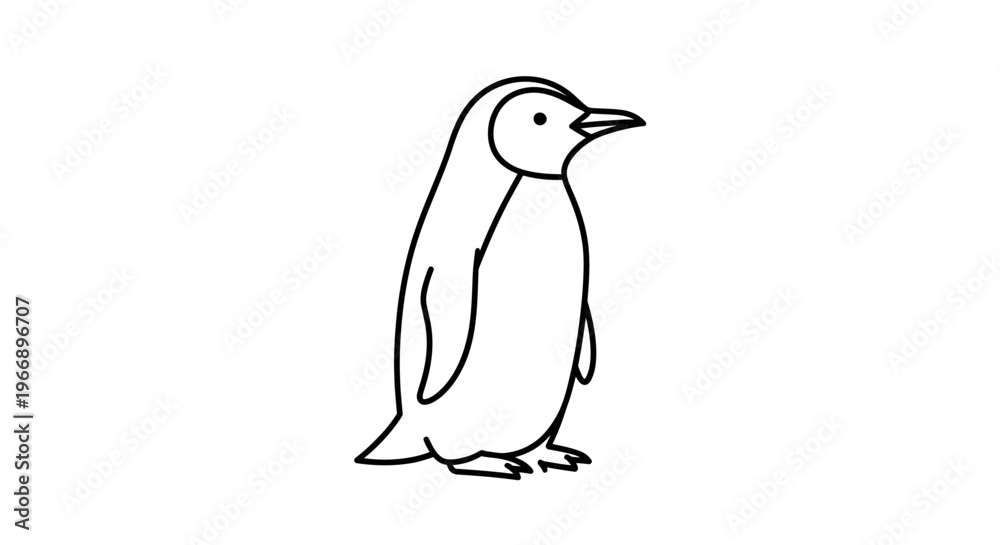 Fototapeta premium A simple black and white line drawing of a standing penguin in profile, depicting the bird in a minimalist style.