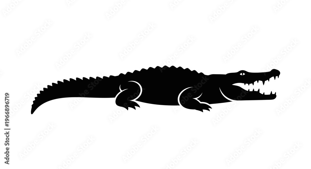 Fototapeta premium Black silhouette of a fierce crocodile with its mouth open, showing sharp teeth, on a white background.