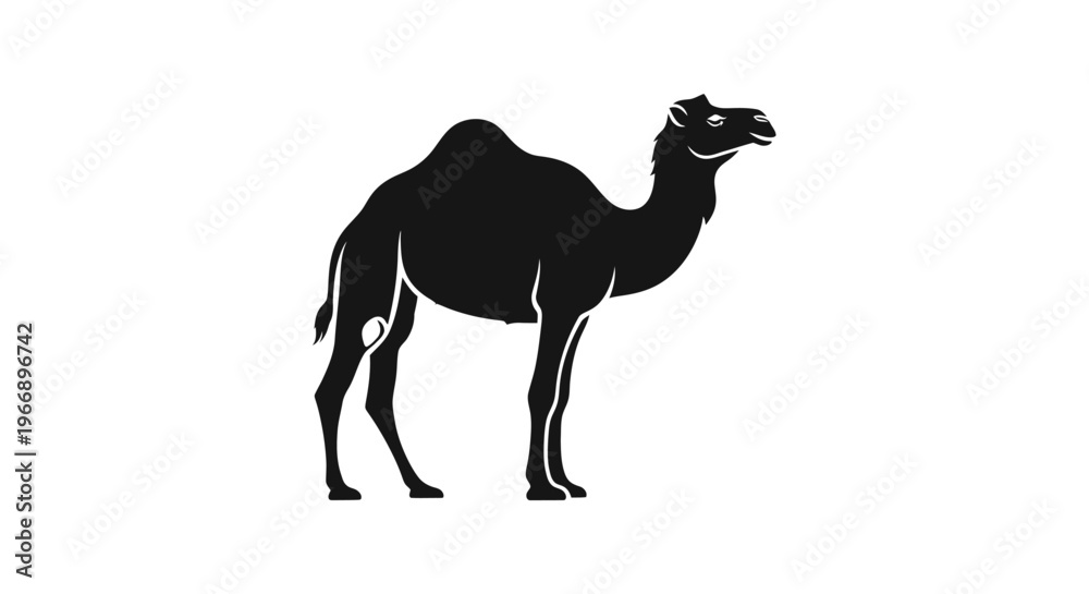 Fototapeta premium Black silhouette of a dromedary camel standing, isolated on a white background, depicting desert animal.