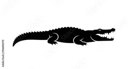 Black silhouette of a fierce crocodile with its mouth open, showing sharp teeth, on a white background.