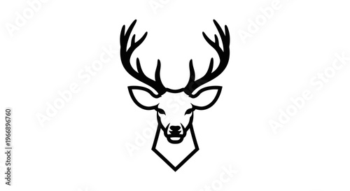 A minimalist black and white line art illustration of a deer head with prominent antlers, facing forward.