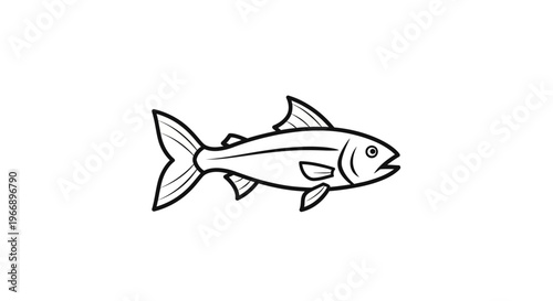 Simple black and white line art drawing of a fish swimming with fins and tail visible.