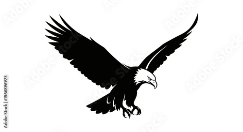A striking black and white illustration of a majestic bald eagle with its wings fully spread, captured in a powerful flight pose.