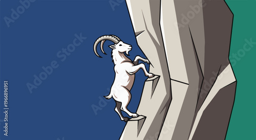 A white ibex climbs a rugged, grey cliff face