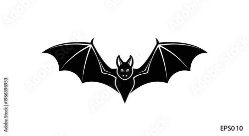 A black silhouette of a bat with outstretched wings, flying against a white background.