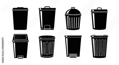 Collection of Black Trash Cans and Bins.