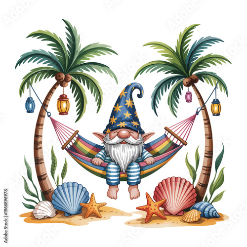 Beach gnome relaxing in hammock between palm trees with sea shells on sandy shore.
