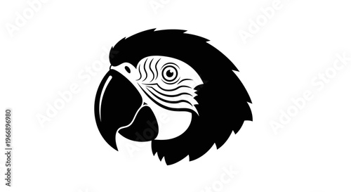 Stylized black and white graphic illustration of a parrot's head in profile, showcasing its beak and eye with intricate feather details.