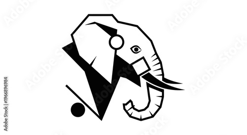 Stylized geometric black and white illustration of an elephant's head with abstract and realistic elements.