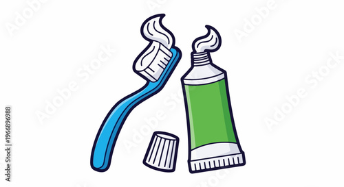 Blue toothbrush with toothpaste and open cap, green tube