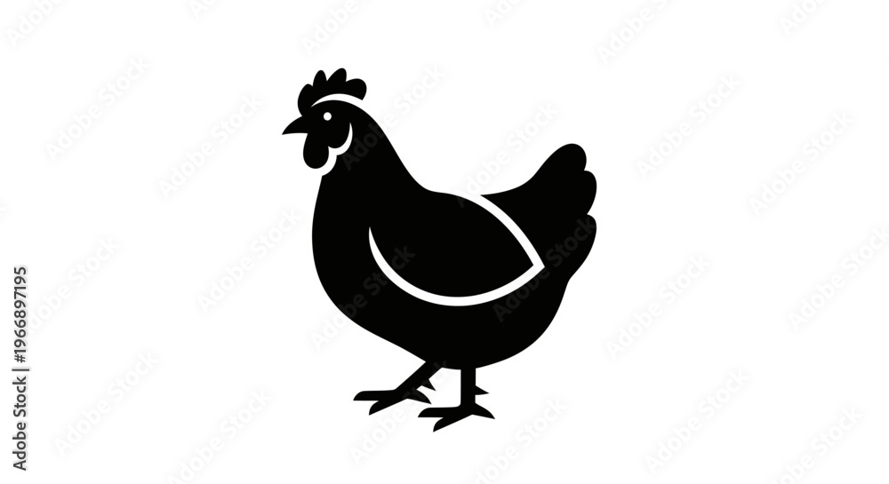 Fototapeta premium Black silhouette of a chicken or hen standing on a white background, simple farm animal icon.