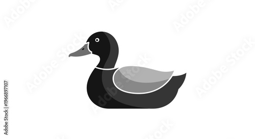 A simple black and white illustration of a duck with a light gray beak and wing details, depicted in profile.