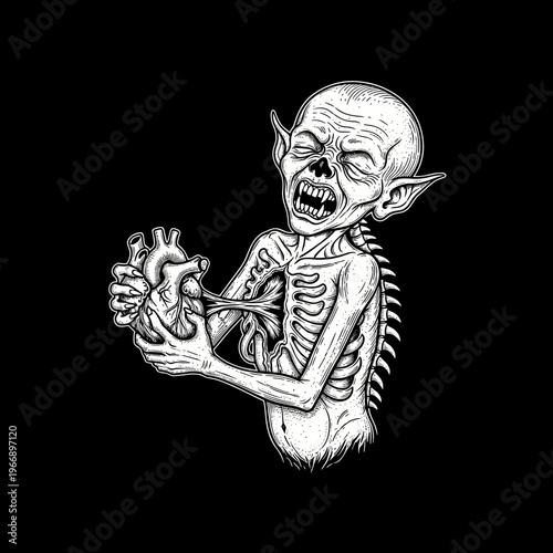 Grotesque creature holding a human heart in its chest.