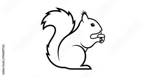 A black and white line art illustration of a squirrel eating a nut, depicted in profile with a bushy tail.
