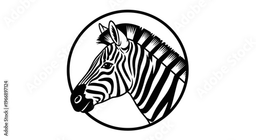 Black and white graphic illustration of a zebra's head in profile, enclosed within a circular frame, showcasing its distinctive stripes.