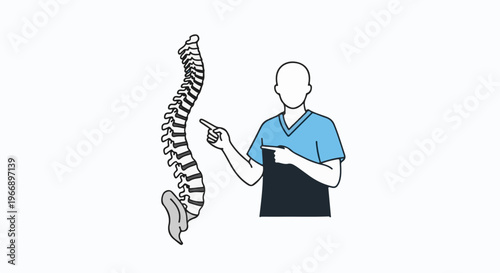 Figure pointing to a human spine diagram, illustrating anatomical structure