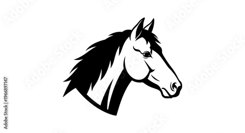 Stylized black and white illustration of a horse's head in profile, depicting strength and elegance.