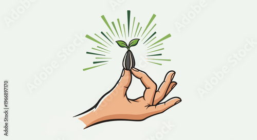 Hand holding a growing seed with light rays emanating outwards