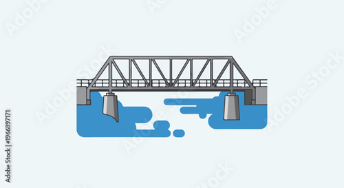 Geometric truss bridge spanning blue water with concrete piers