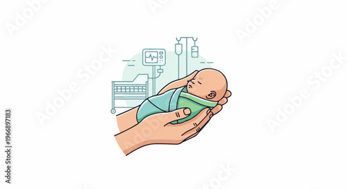 Gentle hands cradling a newborn, with medical equipment in the background