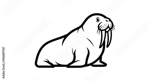 Simple black and white line art illustration of a walrus with prominent tusks, depicted in a sitting pose.