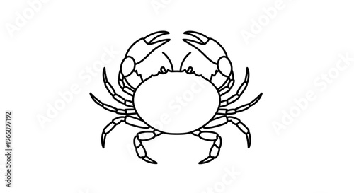 Minimalist black and white line art drawing of a crab with prominent claws and eight legs, viewed from above.