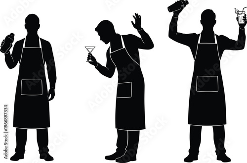 Black silhouette vector illustration of bartenders mixing, inspecting, and serving cocktails with shakers and glasses, representing bar service, nightlife, and mixology concepts