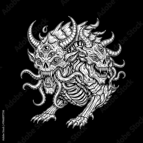 Terrifying Two-Headed Monster with Multiple Eyes and Horns.