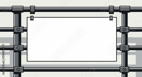 Pixel art frame with metal pipes holding a blank white sign