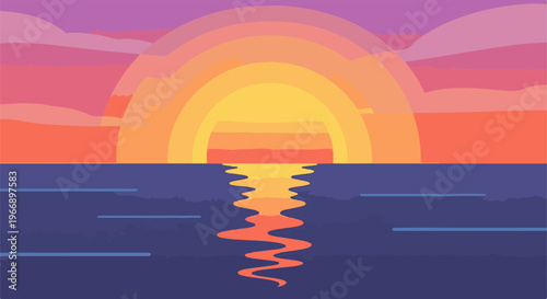 Pixelated sunset over calm ocean with reflection