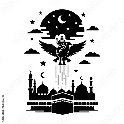 Prophet Muhammads Miraj Journey from Mecca to the Heavens.