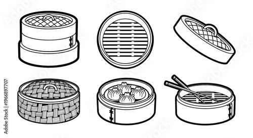 Set of various bamboo steamer baskets and dim sum in outline style.
