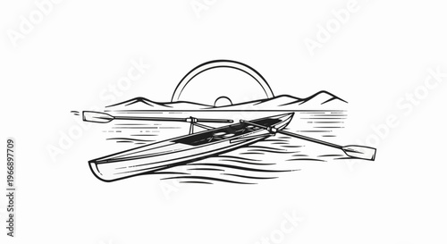 Rowing boat on water with sun and mountains in background