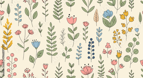 Soft feminine botanical pattern with gentle petals and natural watercolor shading