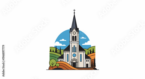 Stylized illustration of a church in a scenic landscape
