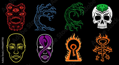 Collection of eight vibrant neon-style mystical and symbolic illustrations.