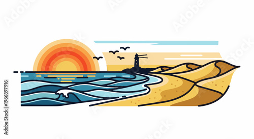 Stylized sunset over ocean waves, sandy dunes, and a solitary lighthouse