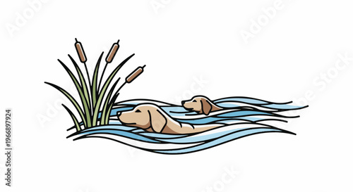 Two dogs swim past cattails in blue water