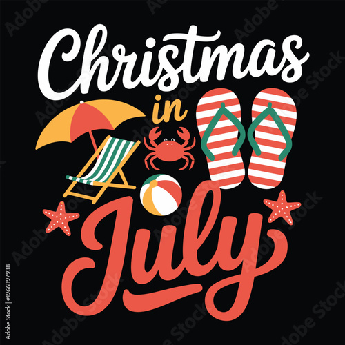 Christmas in July summer vacation concept beach elements and text.