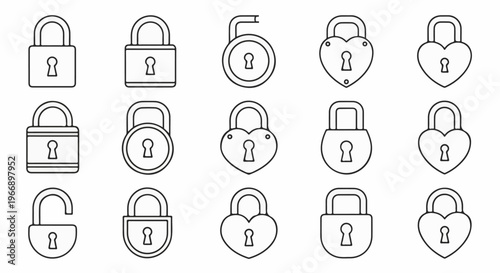 Various padlock icons in a grid, showcasing different shapes and an unlocked example