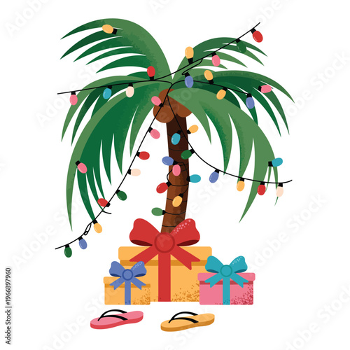 Christmas palm tree decorated with colorful lights and presents on a sandy beach.
