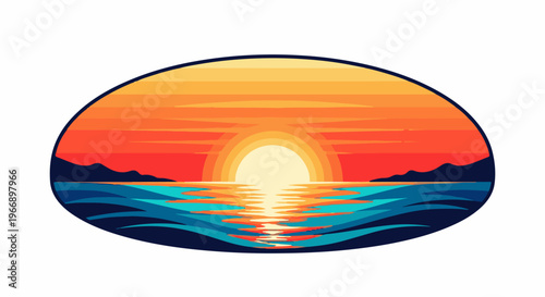 Vivid oval depiction of a sunset over a stylized ocean