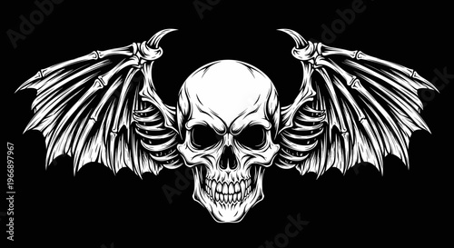 Detailed illustration of a menacing skull with large bat wings.