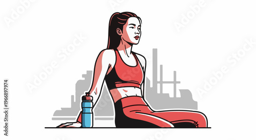 Woman in athletic wear sitting with a water bottle near city silhouette