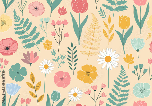 Modern watercolor flowers arranged in seamless repeat with light artistic touch