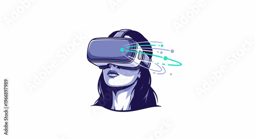 Woman wearing a virtual reality headset with glowing digital lines