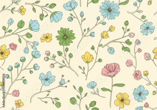 Watercolor wildflowers scattered across white background in light and elegant arrangement